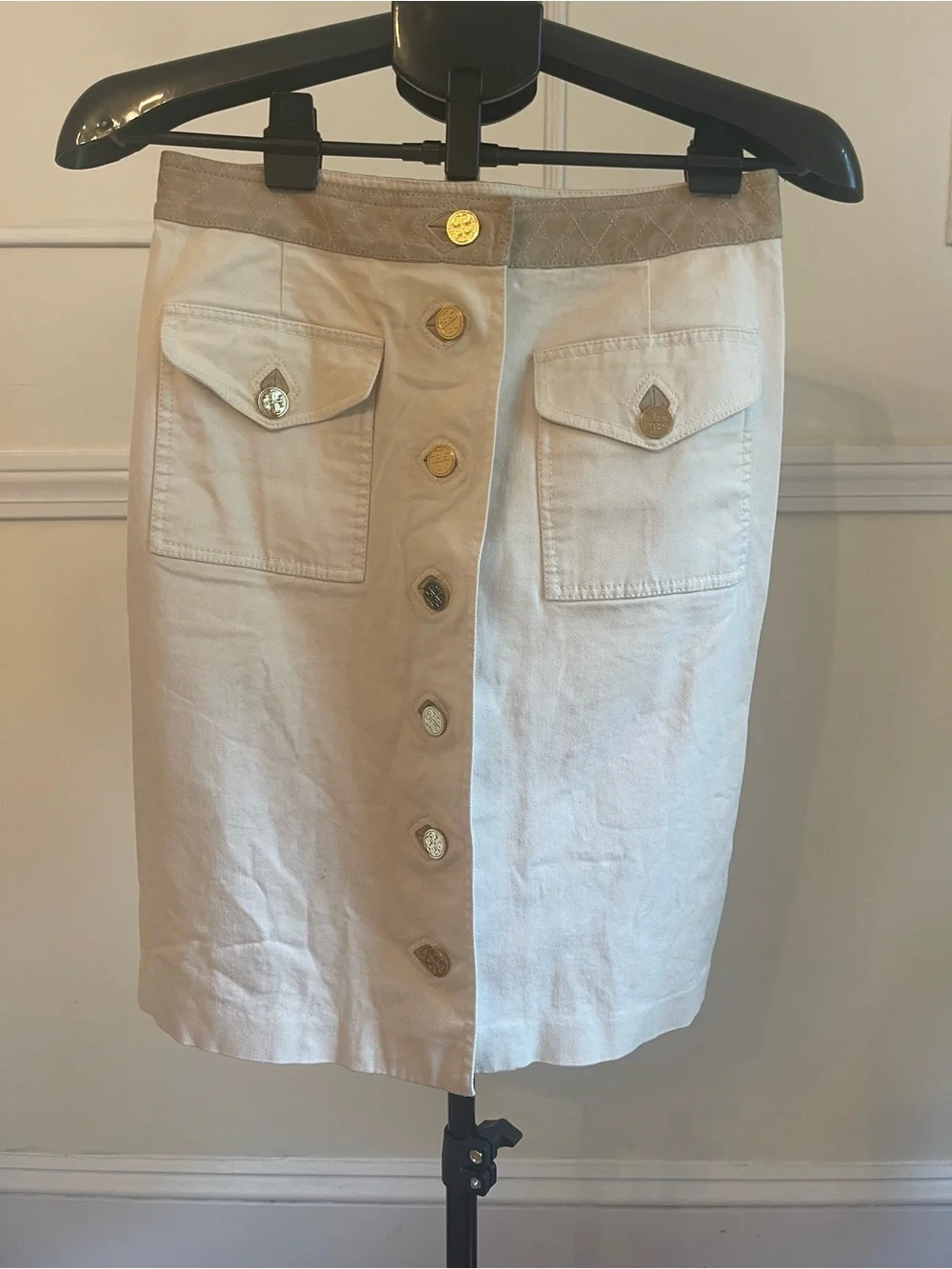 Tory Burch Cream Button-Front Pencil Skirt with Tan Waistband